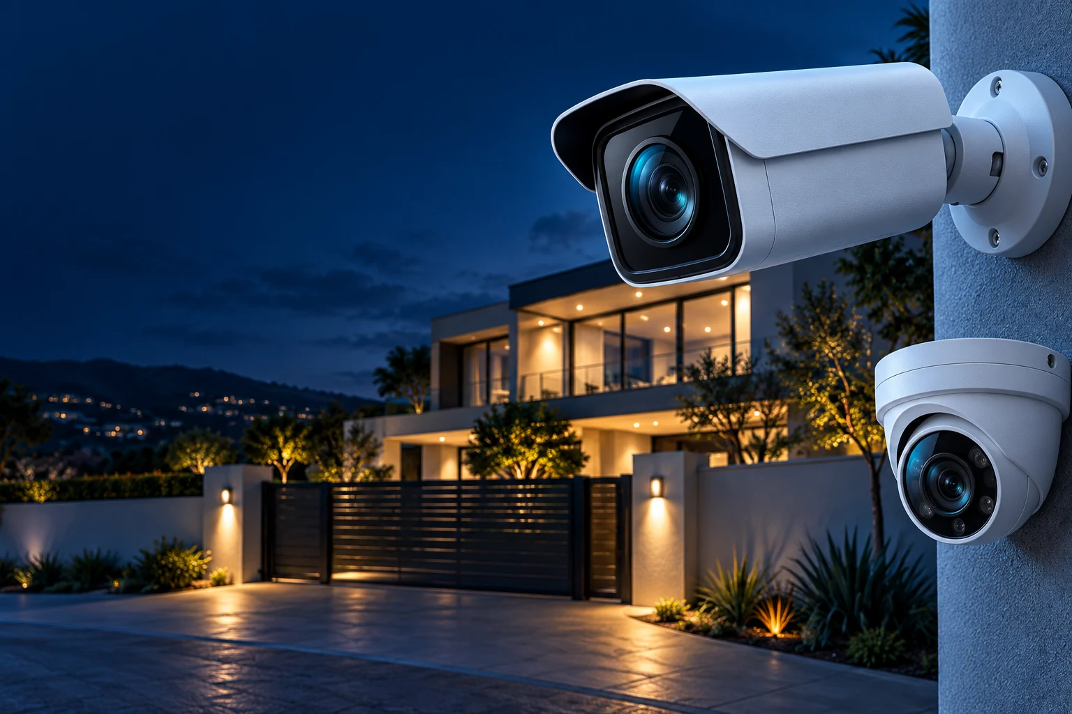 Illustrative CCTV cameras overlooking a modern home at dusk